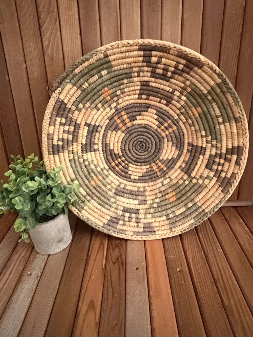 Handwoven Sage Green Boho Basket, Large Rustic Wall Decor